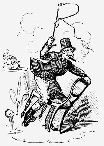 Cartoon-like
drawing on a man, wearing fox hunting attire, straddling a chair and
holding a whip.