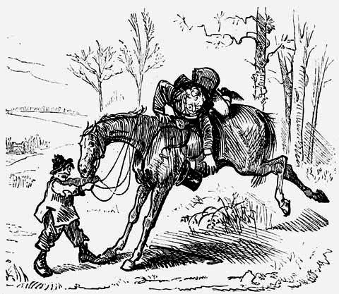 A person on a
bucking horse, with someone holding the horse's reins.