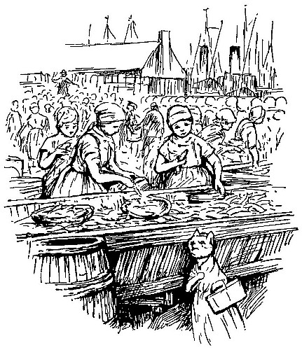 She passed
 the fish auction, and fish boxes, and fish sorters, and barrels that
 women were filling with herrings and salt.