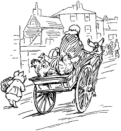 Then an old
woman passed in a donkey cart with seven hens, and long pink bundles of
rhubarb that had been grown in straw under apple barrels.