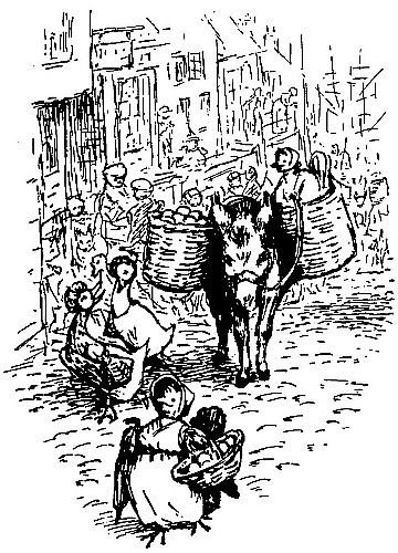 A donkey carrying
panniers piled high with spring broccoli.