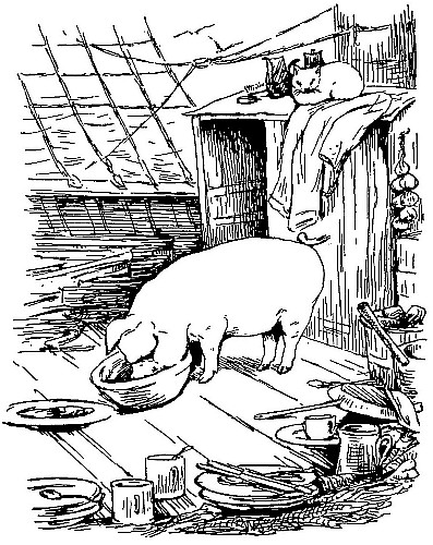 He could
eat as much as he pleased. It pleased him to eat a great deal and to lie
on the warm boards of the deck.