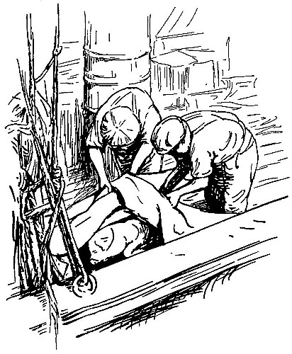 A rather
heavy dirty piece of sail cloth was flung over Robinson