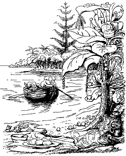 Half an
hour's rowing brought him to the beach of a large and fertile island.