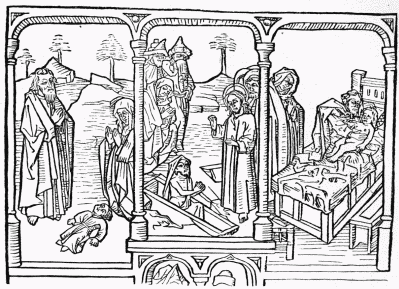 Elijah Raiseth the Widow's Son (1 K, xvii.). The Raising
of Lazarus (Jno, xi.). Elisha Raiseth the Widow's Son (2 K. iv.).
FIG. 5.&mdash;From the original in the possession of Professor Norton, of
Cambridge.