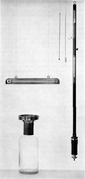 Figure 1.&mdash;A set of typical Smithsonian meteorological
instruments as recommended in instructions to observers issued by the
Institution in the 1850's. Top (from left): maximum-minimum
thermometer of Professor Phillips, dry-bulb and wet-bulb thermometers,
and mercurial barometer by Green of New York. Lower left: rain gauge.
The wet-bulb thermometer, although typical, is actually a later
instrument. The rain gauge is a replica. (Smithsonian photo 46740.)