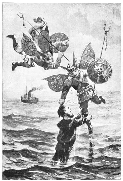 ONE OF THE FLYING MEN CAUGHT FLATHOOTLY BY THE HAIR OF
THE HEAD, AND LIFTED HIM OUT OF THE WATER.