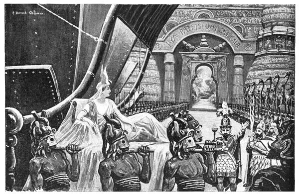 LYONE WAS BORNE ON A LITTER FROM THE AERIAL SHIP TO THE
PALACE.