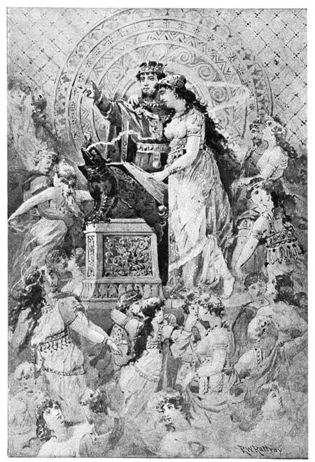 THE PRIEST AND PRIESTESS STOOD BESIDE THE ALTAR, EACH
READING AN ALTERNATE STANZA FROM THE RITUAL OF THE GODDESS.