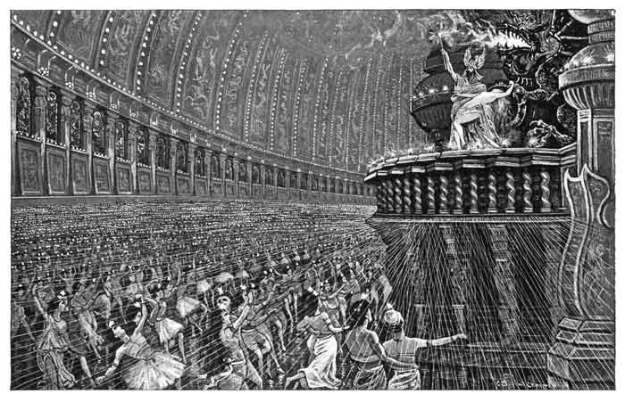 HEAVENS AND EARTH! HE WAS HOLDING LYONE IN HIS ARMS,
ALIVE FROM THE LIVING BATTERY! LYONE, THE PEERLESS SOUL OF SOULS,
ALIVE ONCE MORE AND TRIUMPHANT OVER DEATH.