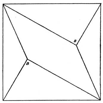 Fig. 398.&mdash;Five-piece Square Puzzle. (In
    Setting Out, note that the Angles B B
    are Right Angles.)