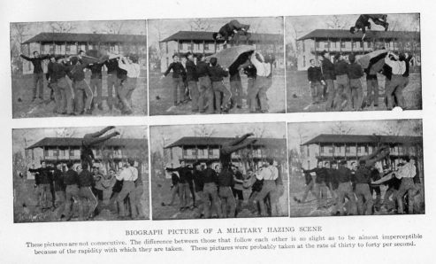 BIOGRAPH PICTURE OF A MILITARY HAZING SCENE
These pictures are not consecutive. The difference between those that follow each other is so slight as to be almost imperceptible because of the rapidity with which they are taken. These pictures were probably taken at the rate of thirty to forty per second.