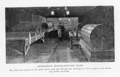 DEVELOPING MOVING-PICTURE FILMS
The films are wound on the great drums and run through the developer in the troughs as the drums are slowly revolved.