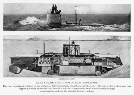 LAKE'S SUBMARINE TORPEDO-BOAT <i>PROTECTOR</i>
This boat is designed to travel on the surface, or fully submerged, or on the ocean's bottom. She is provided with wheels that support her when on the bottom, and with a divers' compartment from which divers can work on submarine cables or the enemies' explosive mines.