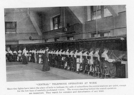 "CENTRAL" TELEPHONE OPERATORS AT WORK
Since tiny lights have taken the place of bells to indicate the calls of subscribers the central stations are quiet except for the low hum of carefully modulated voices. The women standing behind the seated operators are inspectors. They watch for mistakes and disturbances of any kind.