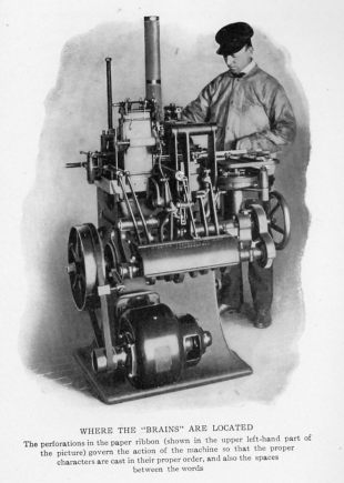 WHERE THE "BRAINS" ARE LOCATED
The perforations in the paper ribbon (shown in the upper left-hand part of the picture) govern the action of the machine so that the proper characters are cast in the proper order, and also the spaces between the words.