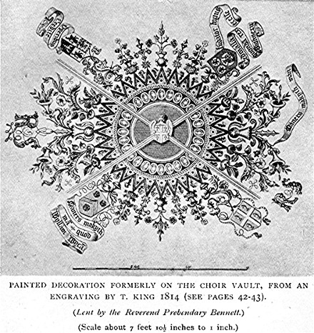 PAINTED DECORATION FORMERLY ON THE CHOIR VAULT, FROM
AN ENGRAVING BY T. KING 1814 (SEE PAGES 42-43). (Lent by the Reverend
Prebendary Bennett.) (Scale about 7 feet 10&frac12; inches to 1 inch.)