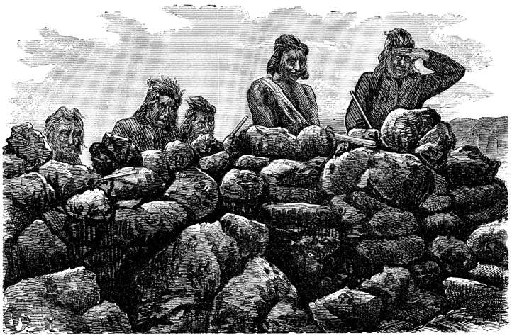 Six indians keeping
lookout from rocky promontory.