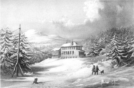R.M. Bryson, lith from a drawing by R. Dudley

London, Day & Sons, Limited, Lith.
TRINITY BAY, NEWFOUNDLAND. EXTERIOR VIEW OF TELEGRAPH HOUSE IN
1857-1858.