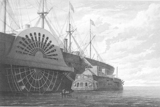 T. Picken, lith from a drawing by R. Dudley

London, Day & Sons, Limited, Lith.

THE OLD FRIGATE WITH HER FREIGHT OF CABLE ALONGSIDE THE �GREAT EASTERN�
AT SHEERNESS.