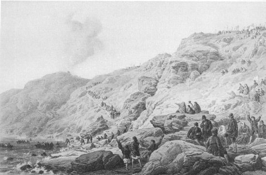 T. Picken, lith from a drawing by R. Dudley London, Day &
Sons, Limited, Lith.

THE CLIFFS FOILHUMMERUM BAY, POINT OF THE LANDING OF THE SHORE END OF
CABLE JULY 22ND.