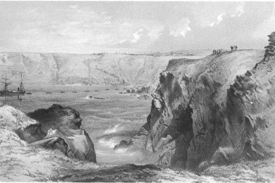 G. McCulloch, lith from a drawing by R. Dudley London,
Day & Sons, Limited, Lith.

FOILHUMMERUM BAY, VALENCIA FROM �CROMWELL FORT� THE CAROLINE AND BOATS
LAYING THE EARTH WIRE JULY 21st.