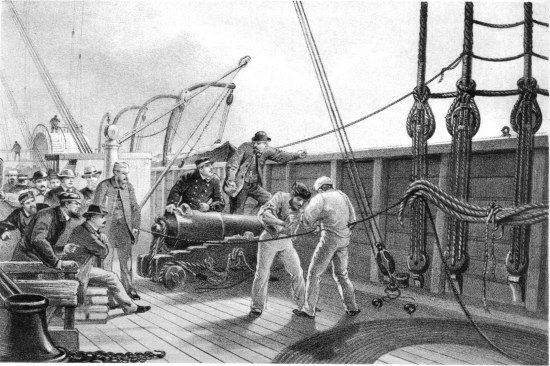 From a drawing by R. Dudley London. D.T & Sou. Limited.
Lilh.

SPLICING THE CABLE (AFTER THE FIRST ACCIDENT) ON BOARD THE GREAT EASTERN
JULY 25TH.