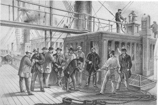 From a drawing by R. Dudley

London, Day & Sons, Limited, Lith.

SEARCHING FOR FAULT AFTER RECOVERY OF THE CABLE FROM THE BED OF THE
ATLANTIC. JULY 31st.