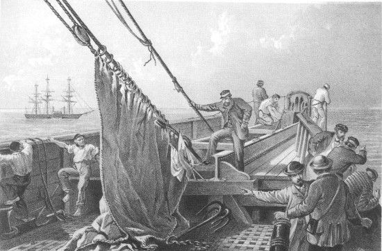 From a drawing by R. Dudley

London, Day & Sons, Limited, Lith.

IN THE BOWS AUGUST 2nd. THE CABLE BROKEN AND LOST PREPARING TO GRAPPLE.