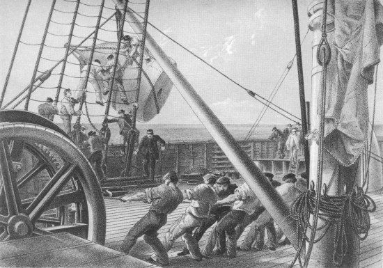 E. Walker, lith from a drawing by R. Dudley

London, Day & Sons, Limited, Lith.

GETTING OUT ONE OF THE LARGE BUOYS FOR LAUNCHING AUGUST 2nd.