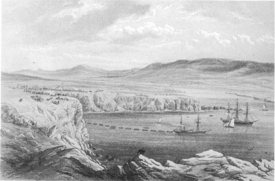 from a drawing by R. Dudley

London, Day & Sons, Limited, Lith.

GENERAL VIEW OF PORT MAGEE &c. FROM THE HEIGHTS BELOW CORA BEG. THE
CAROLINE LAYING THE SHORE END OF THE CABLE JULY 22nd.