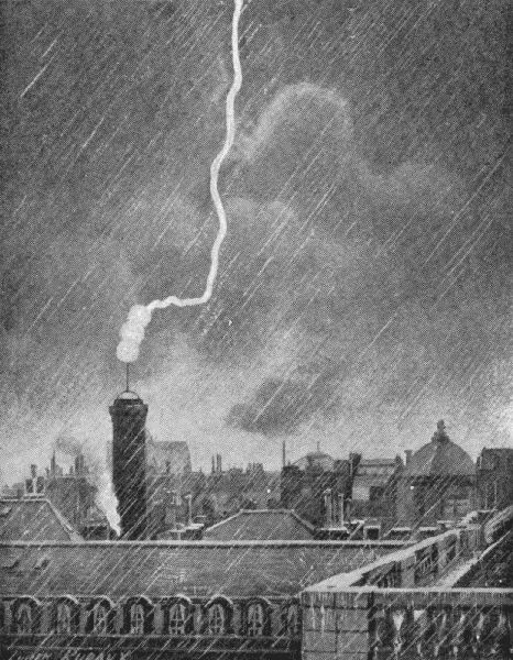 SINGULAR CASE OF THREE FIREBALLS OBSERVED IN PARIS
ON JUNE 10, 1905, BY M. H. RUDAUX.

They were seen to descend in this way upon the
lightning conductor above the Palais Royal electric-power
station. This engraving, after a sketch made at
the time by M. Rudaux, appeared in La Science Illustr�e,
for August, 1905.