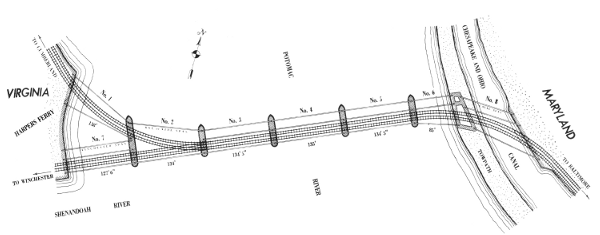Figure 6.&mdash;Plan of Harpers Ferry bridge as built by
Latrobe. The second Winchester track was later removed.