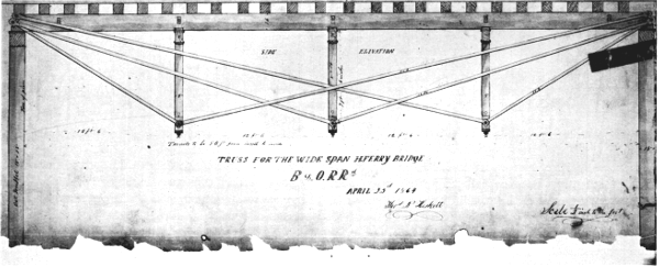 Figure 4.&mdash;Simple beam of 50-foot span with three
independent trussing systems. Bollman&rsquo;s use of this method of support
led to the development of his bridge truss. This drawing is of a
temporary span used after the timber bridge at Harpers Ferry was
destroyed during the Civil War. (In Baltimore and Ohio Collection,
 Museum of History and Technology.)