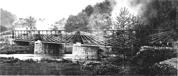 Figure 9.&mdash;Bollman skew bridge at Elysville (now
Daniels), Maryland, built in 1853-1854. (Photo courtesy of Maryland
Historical Society.)