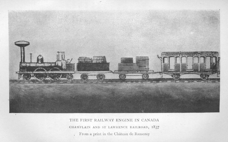 The first railway engine in Canada.  Champlain and St Lawrence Railroad, 1837.  From a print in the Ch�teau de Ramezay.