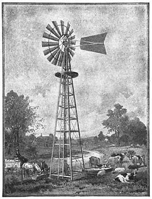 FIG. 119.—The windmill pumps water into the troughs
where cattle drink.