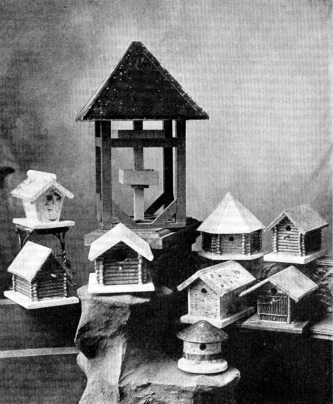 FIG. 30. SIMPLE LOG AND BIRCHBARK CONSTRUCTION,
HOUSES FOR WRENS, BLUEBIRDS, ETC.