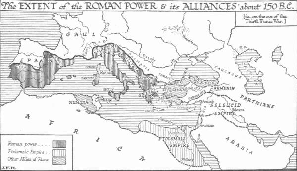 Map: The Extent of the Roman Power & its Alliances about
 150 <small>B.C.</small>