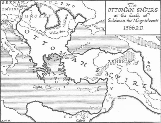 Map: The Ottoman Empire at the death of Suleiman the
 Magnificent, 1566 <small>A.D.</small>