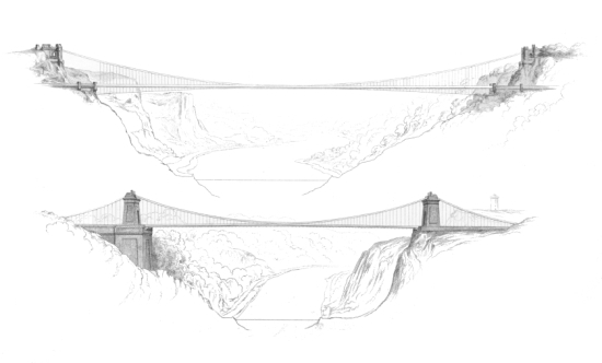 CLIFTON SUSPENSION BRIDGE.
Plate I.
Fig. 1.
Elevation of Drawing N� 3 of Mr. Brunel's Designs in the first
competition. AD. 1829
Fig. 2.
H. Adlard So.
Elevation of the Bridge according to the Design on which the works were
commenced. AD. 1836.