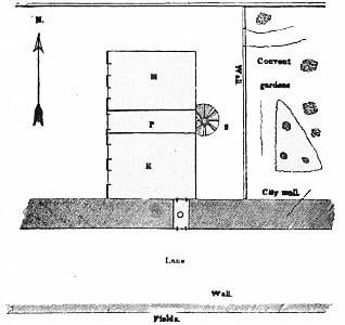 M. Mary's room, below Darnley's. K. Kitchen; servants'
room above. O. Passage through the city wall into the kitchen. S.
Stair-case leading to the second story. P. Passage-way.