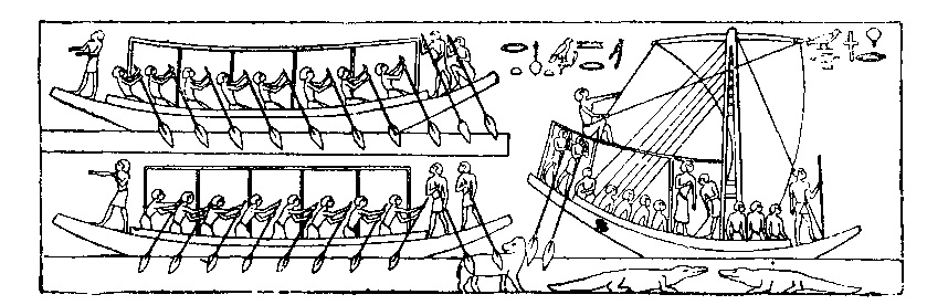 Fig 128.--Wall-painting, funeral voyage; mastaba of
Urkhu�, Gizeh, Fourth Dynasty. 
