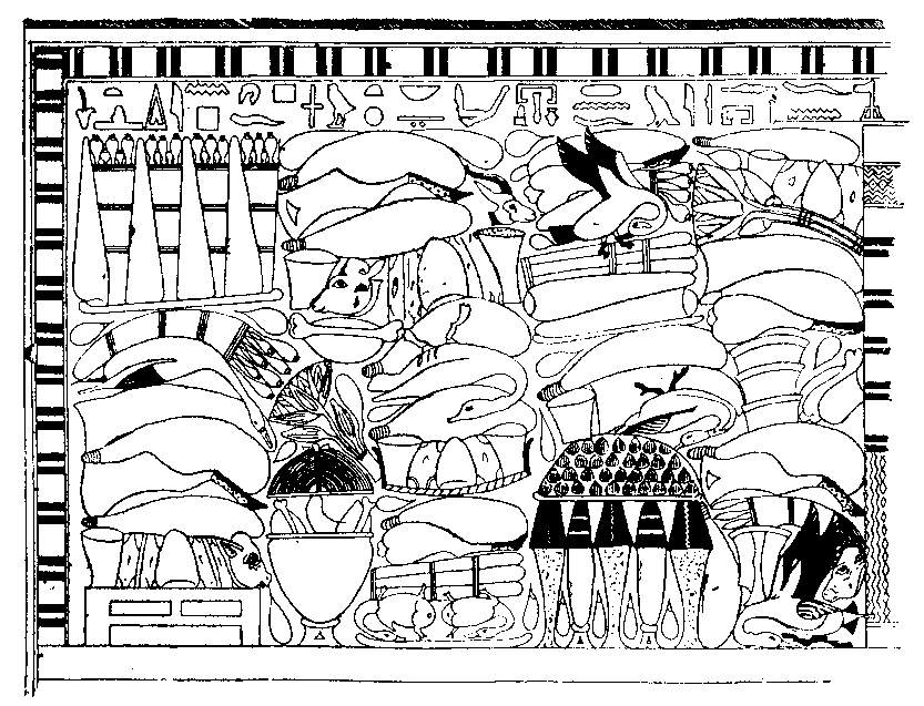 Fig 135.--Wall painting of funerary offerings, from
mastaba of Nenka, Sakkarah, Sixth Dynasty.