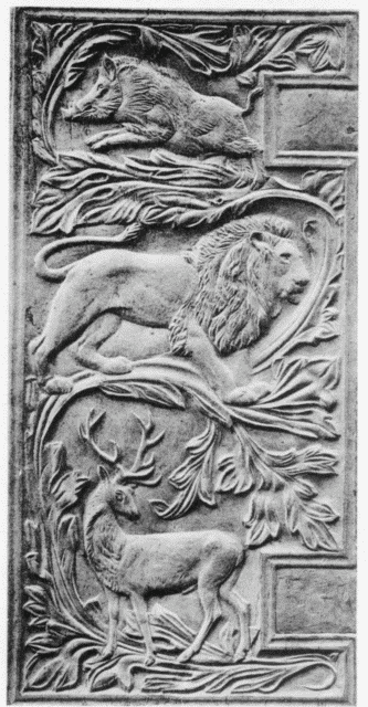 VIII.—Book Cover
Carved in English Oak—"Tale of Troy."
(only carved portion shown.)