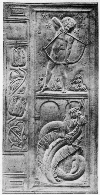 IX.—Book Cover
Carved in English Oak—"Tale of Troy."
(only carved portion shown.)