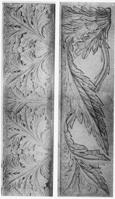 XIV.—Two designs
for Carving, by Philip Webb.
One executed, one in drawing.